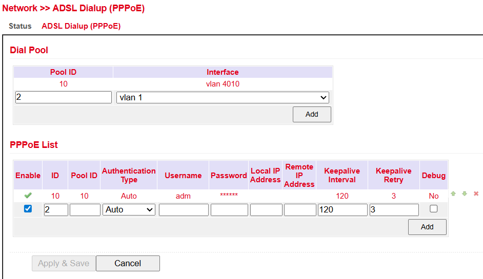 ADSL Dialup Config